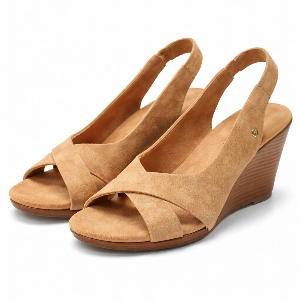 Ugg Australia Suede Slingback Wedge Sandals Tan Womens 7.5 Brown Leather